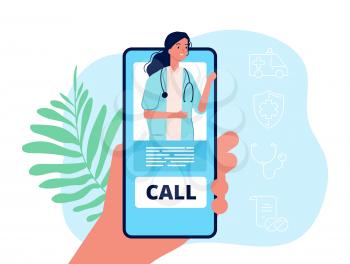 Telemedicine. Hand holding phone, medical mobile service. Remote doctor consultation vector concept. Illustration doctor online, consultation and care remote