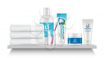 Bathroom shelf. Realistic white towel, cosmetic bottles toothpaste tube and tooth brushes in glass vector illustration. Toilet hygiene, bathtub interior with toothpaste tube