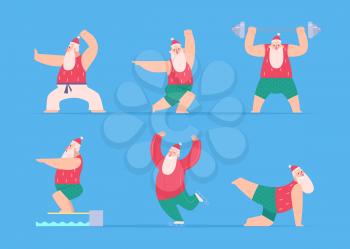 Santa sport. Fitness christmas characters winter santa workout working exercises vector illustration. Fitness christmas santa, xmas exercise character