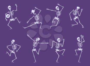 Skeleton dancing. Party funny characters dancers poses on halloween party skull bones vector set. Illustration skeleton body, halloween scary and horror