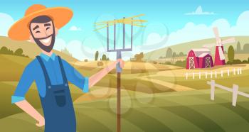 Farmers at field. Harvesting gardeners working at farm agricultural vector cartoon background. Illustration farm agriculture, man farmer gardening with pitchfork