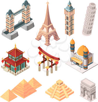 Historical famous landmarks. Isometric symbols for travellers buildings statue bridges pyramid worldwide landmarks collection. Illustration tourist cityscape, vacation attraction temple