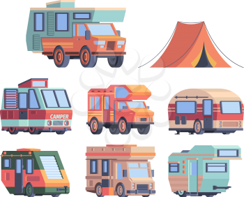 Camping car. Caravaners road trip explorer transport vector truck collection. Illustration camping explorer, truck camp for expedition and tourism