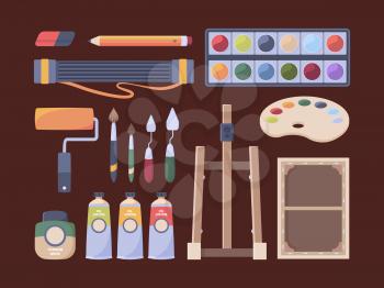 Artist items. Tools for painter brushes canvas oil tubes easel pencils paper palette vector collection. Artist equipment, paintbrush and watercolor, sketch illustration