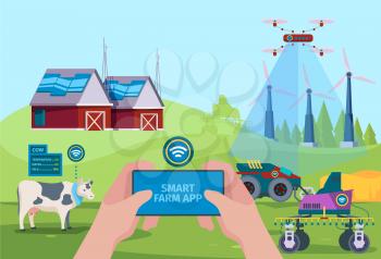 Farmers drones. Background with smart gardening automation vehicle for help farmers nature future technology vector. Illustration smart harvesting, vehicle farming