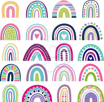 Rainbow shapes. Kids logos in scandinavian style abstract rainbow colored graphic minimalist vector illustrations. Stripe rainbow trendy, childish style elements
