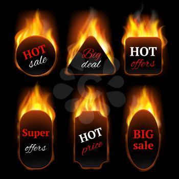 Hot special offers. Promo banners with fire flame vector realistic templates. Illustration hot offer and fire sale, flame discount, advertising clearance black promo sale