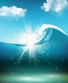 Ocean background. Waves flow underwater surface sunrise with clouds above sea vector marine realistic illustration. Sunshine in sea wave, sun shine realistic flowing