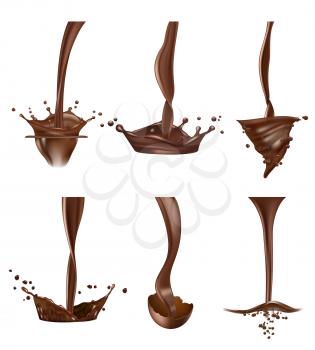 Chocolate splashes. Stream liquid delicious chocolate drops hot sauce vector realistic. Chocolate cocoa drop, stream delicious fluid illustration