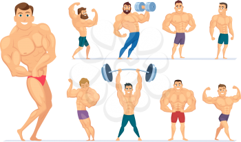 Muscular man. Gym characters sport people making exercises bodybuilders posing muscular athletes. Vector body fitness, healthy pose bodybuilding illustration