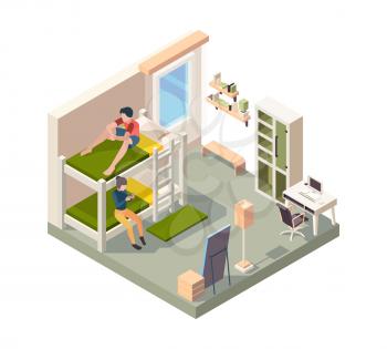 Hostel room interior. Bedroom in hotel accommodation architecture rest room for students contemporary residential vector isometric. Hostel indoor to travel, apartment comfortable space illustration