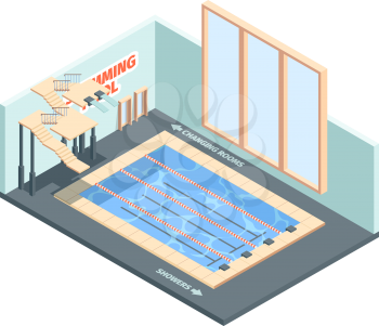 Pool fitness interior. Spa diving leisure club for swimmers sport center isometric building. Interior sport swimming pool, hobby aqua building illustration