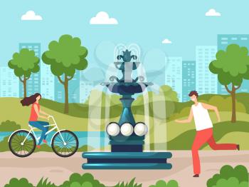 Fountain in park. Nature background urban garden with water decorative fountain ornate objects vector illustrations. Fountain in park, liquid from exterior building