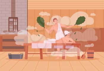 Sauna background. Spa relax warm therapy people hot steam in sauna bathing characters vector cartoon illustration. Spa and sauna steam, wooden relaxation therapy
