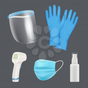 Self protection equipment. Realistic medical tools face shield mask thermometer coronavirus preventative vector elements. Protect personal equipment, surgical gloves and protective mask illustration