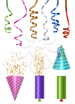 Party elements. Colored caps party poppers glossy serpentine and confetti vector realistic illustrations. Birthday party festive elements to anniversary holiday