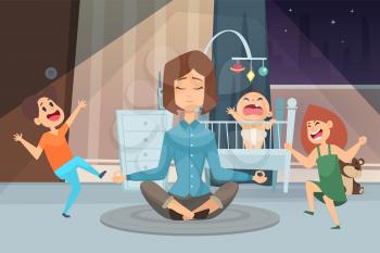 Meditation mother. Calm woman and crazy children. Young mom in room with kids at night vector illustration. Mother meditation, parent and child in room
