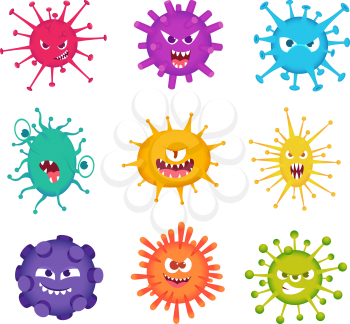 Virus faces. Medical characters bacteria mascot smiling monster pathogenic virus exact vector set. Illustration illness and influenza collection