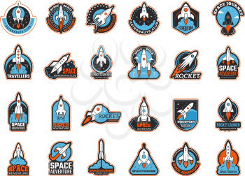 Rocket logo. Infinity shuttle in cosmos lunch startup symbols recent vector illustrations. Rocketship launch rocket logo, flight to moon and mars