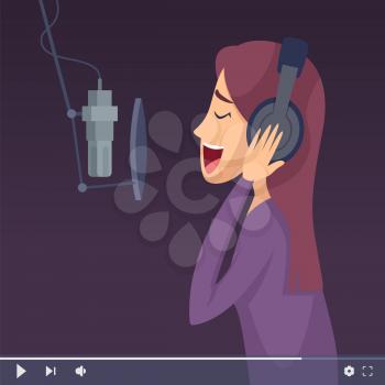 Live music stream. Blogger singer, video digital content. Web influencer entertainment person, woman singing vector illustration. Music online performance with microphone sing