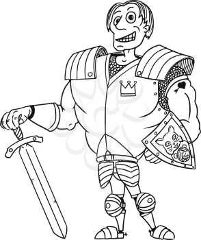 Cartoon vector old fantasy medieval royal Prince Charming knight hero with armor, sword, shield and smile