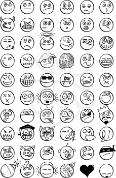 Large set of 60 vector hand drawn cartoon smiley faces emoticons .