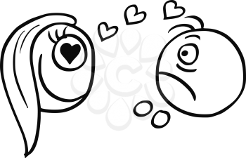 Cartoon vector of man unpleasantly surprised by happy woman in love with heart symbol in his eyes.