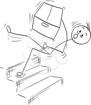 Cartoon vector stick man stickman drawing of man holding large paper box and falling from the top of the stairs stairway staircase