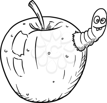 Vector cartoon fruit apple infected by cute crazy worm insect