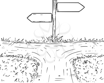 Vector cartoon doodle hand drawn crossroad with wooden direction sign with two arrows pointing  left and right as decision arrows
