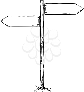 Vector cartoon doodle hand drawn crossroad wooden direction sign with two arrows pointing  left and right as decision guide