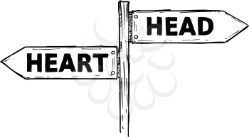 Vector cartoon doodle hand drawn crossroad wooden direction sign with two arrows pointing  left and right as head or heart decision guide