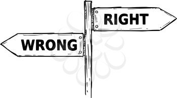 Vector cartoon doodle hand drawn crossroad wooden direction sign with two arrows pointing  left and right as wrong or right decision guide