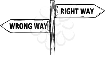 Vector cartoon doodle hand drawn crossroad wooden direction sign with two arrows pointing  left and right as right or wrong way decision guide