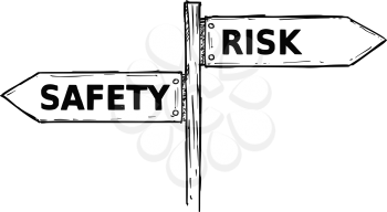 Vector cartoon doodle hand drawn crossroad wooden direction sign with two arrows pointing  left and right as safety or risk decision guide