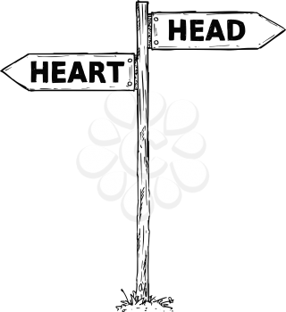 Vector cartoon doodle hand drawn crossroad wooden direction sign with two arrows pointing  left and right as head or heart decision guide