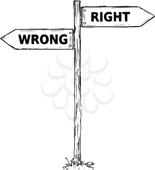 Vector cartoon doodle hand drawn crossroad wooden direction sign with two arrows pointing  left and right as right or wrong decision guide