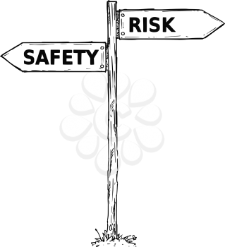 Vector cartoon doodle hand drawn crossroad wooden direction sign with two arrows pointing  left and right as risk or safety decision guide