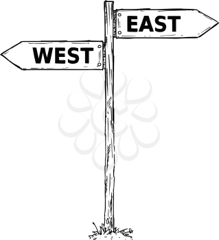 Vector cartoon doodle hand drawn crossroad wooden direction sign with two arrows pointing  left and right as east or west decision guide