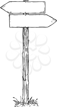 Vector cartoon doodle hand drawn crossroad wooden direction sign with two arrows pointing  left and right as decision guide