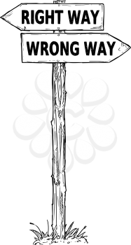 Vector cartoon doodle hand drawn crossroad wooden direction sign with two arrows pointing  left and right as right or wrong way decision guide