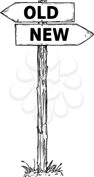 Vector cartoon doodle hand drawn crossroad wooden direction sign with two arrows pointing  left and right as old or new decision guide