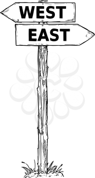 Vector cartoon doodle hand drawn crossroad wooden direction sign with two arrows pointing  left and right as west or east decision guide