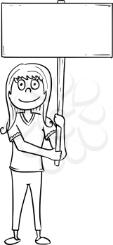 Hand drawing cartoon vector illustration of girl young woman holding empty sign.