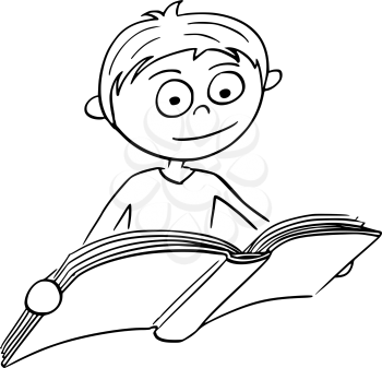 Hand drawing cartoon vector illustration of boy reading a book.