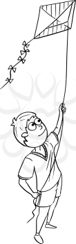 Hand drawing cartoon vector illustration of boy playing flying a kite.