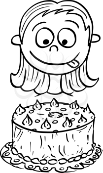 Hand drawing cartoon vector illustration of girl looking at birthday cake.