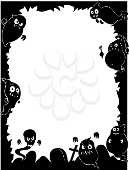 Hand drawing cartoon Halloween frame with cute ghost silhouettes and graveyard.