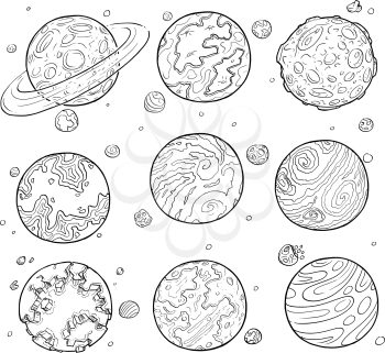 Set of cartoon vector doodle drawing illustration of alien planets and moons.