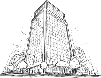 Cartoon vector architectural drawing sketch illustration of city street with high rise building.